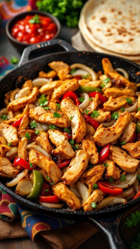 A skillet filled with chicken fajitas made from leftover rotisserie chicken, colorful bell peppers, and onions, served with tortillas.