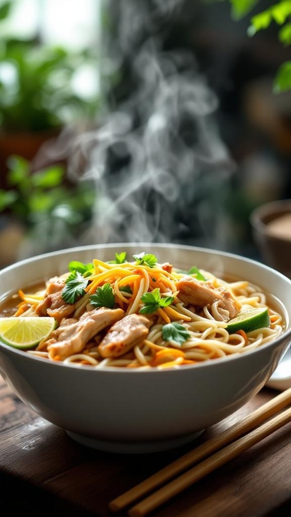 A steaming bowl of chicken pho with noodles, herbs, and lime wedges.