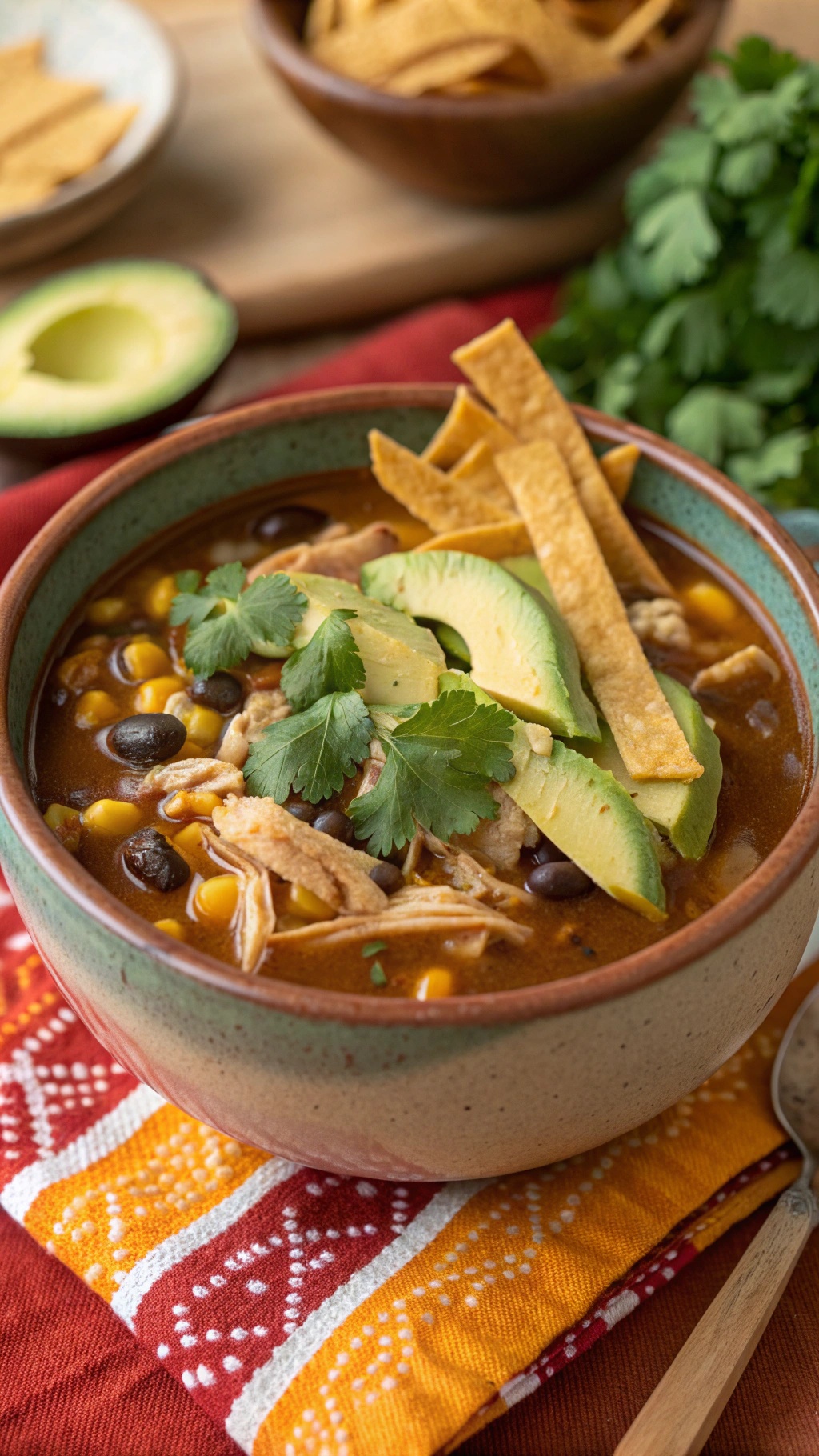 A bowl of chicken tortilla soup topped with avocado, tortilla strips, and cilantro.