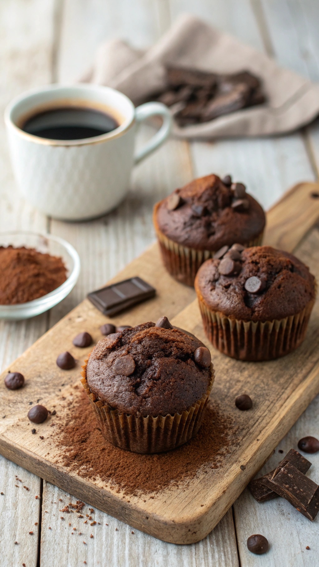 Chocolate protein muffins on a wooden board with coffee and cocoa powder
