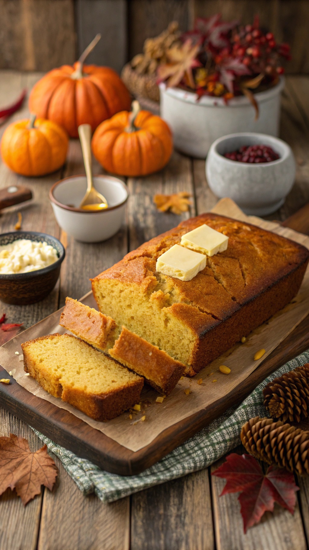 A loaf of cornbread with butter on top, surrounded by pumpkins and autumn leaves.