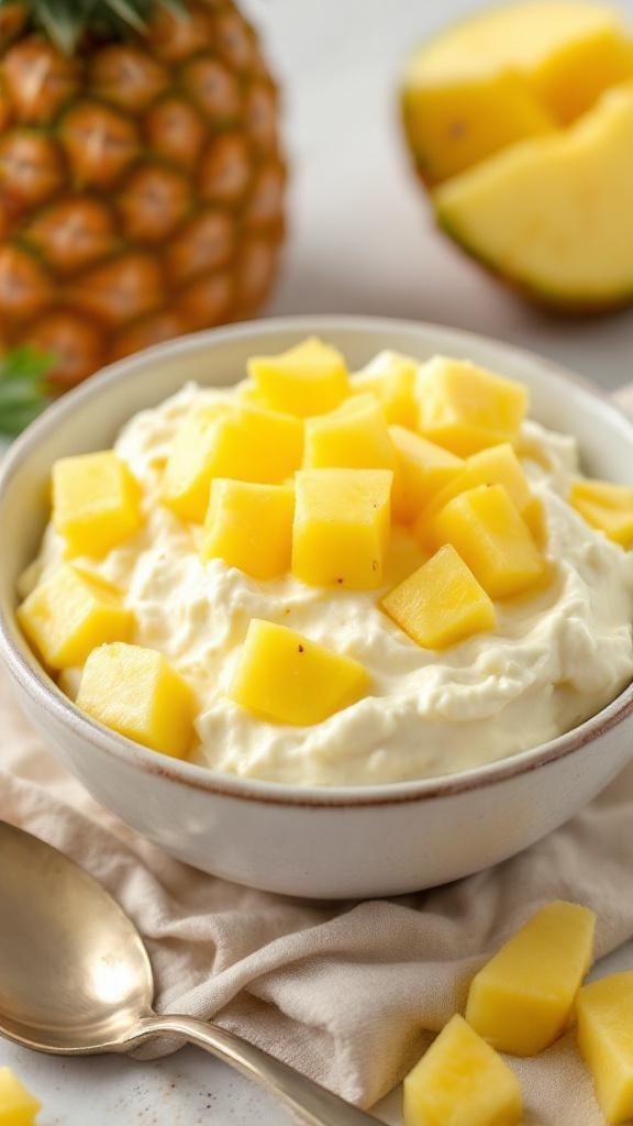 A bowl of cottage cheese topped with diced pineapple, with a pineapple in the background.