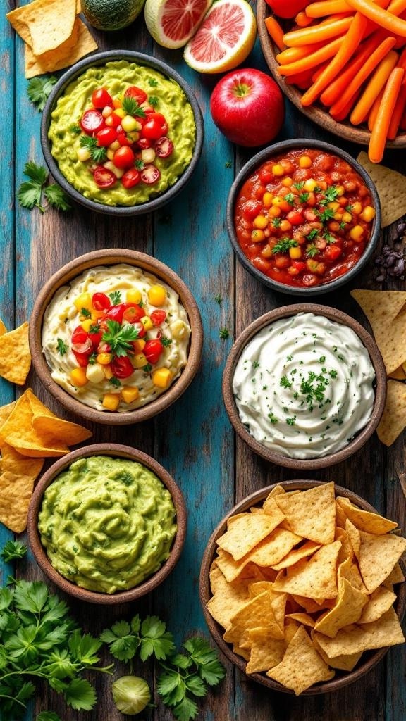 A colorful spread of various dips including guacamole, salsa, and creamy dips, served with tortilla chips and fresh vegetables.