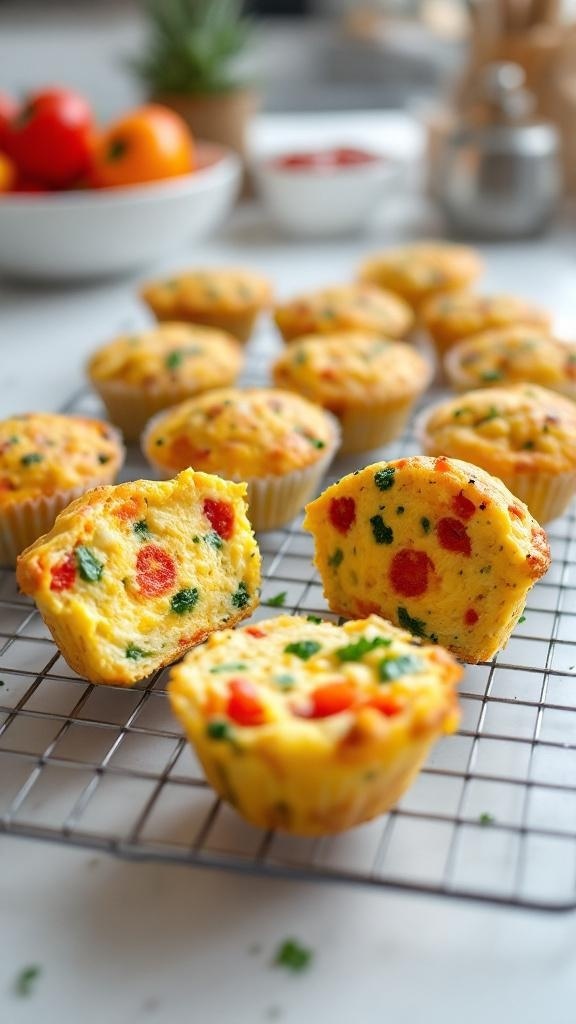 Colorful egg muffins loaded with veggies on a cooling rack