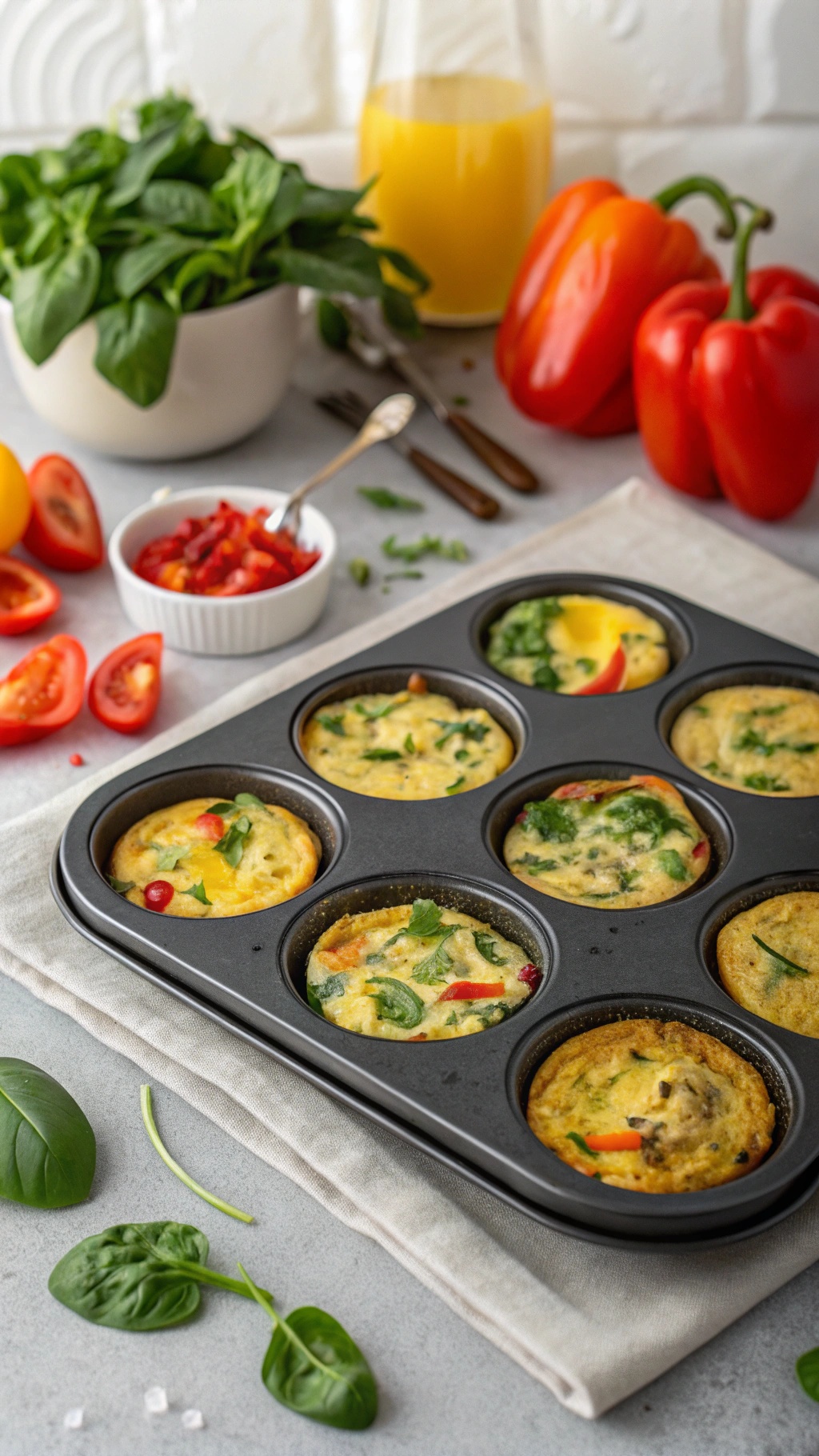 A tray of colorful egg muffins with spinach, bell peppers, and tomatoes, perfect for a quick breakfast.