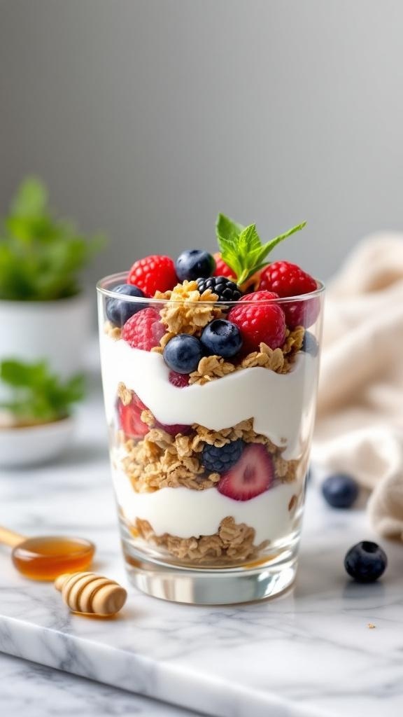 A delicious Greek yogurt parfait with layers of yogurt, granola, and mixed berries, garnished with mint.