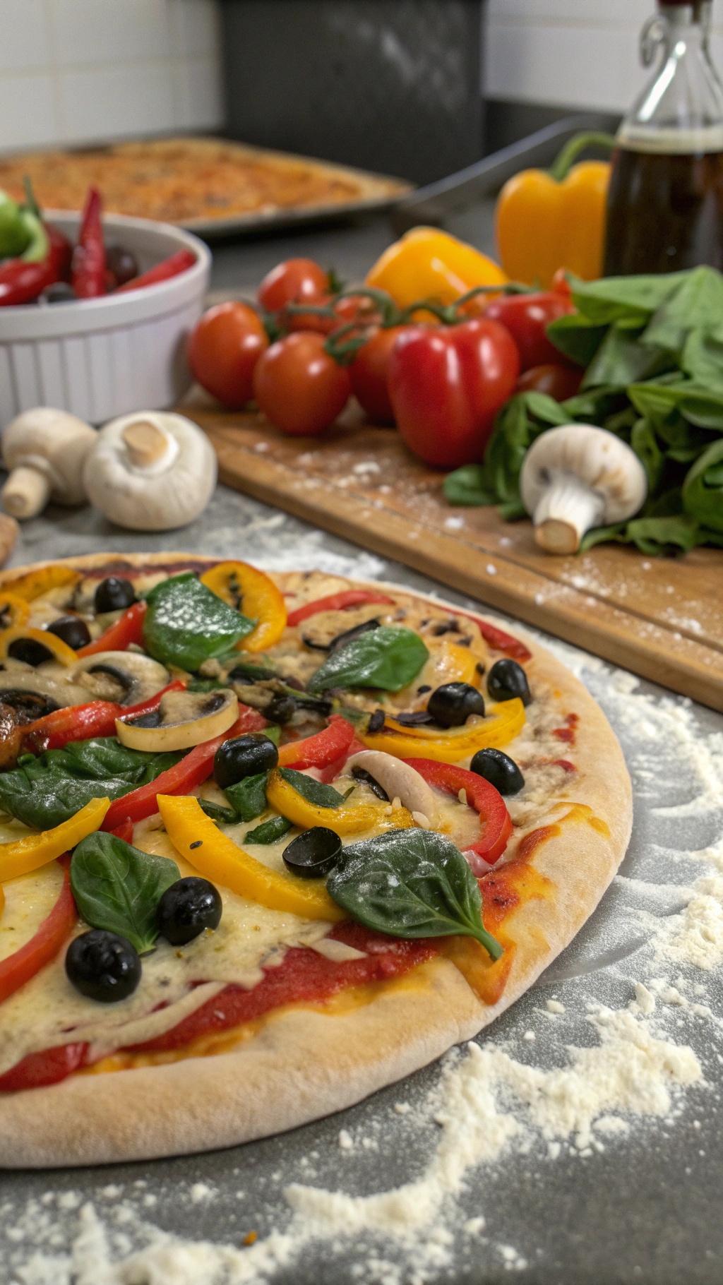 A colorful homemade veggie pizza topped with bell peppers, spinach, olives, and mushrooms, ready for baking.