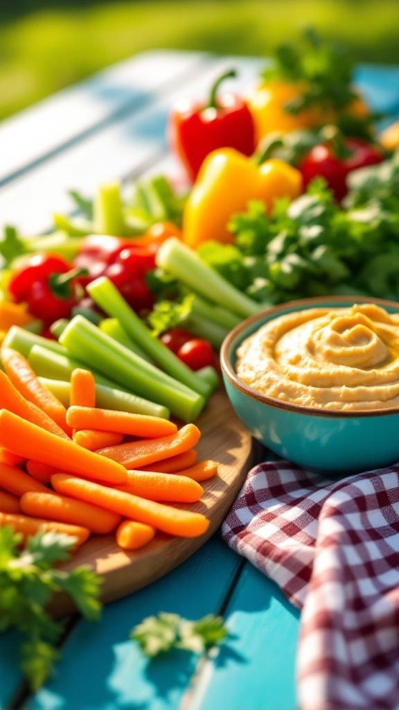 A colorful spread of fresh vegetables and a bowl of hummus on a blue table.