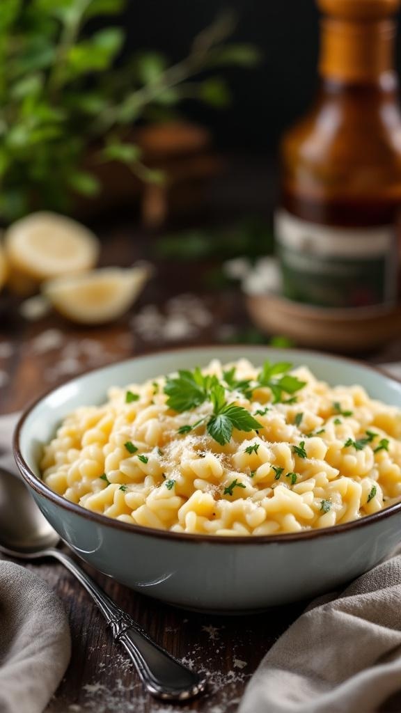 A bowl of creamy risotto garnished with fresh herbs and cheese, with lemon slices and a bottle in the background.