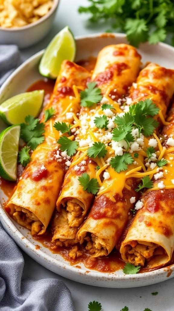 Plate of Keto Chicken Enchiladas topped with cheese, cilantro, and lime wedges