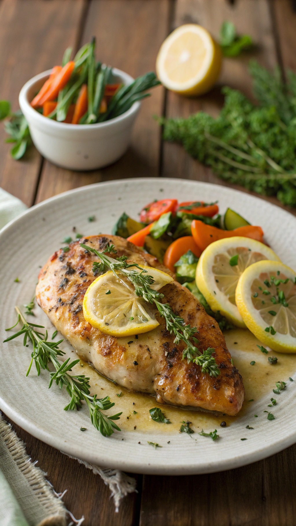 A plate of lemon herb chicken with vegetables, garnished with lemon slices and fresh herbs.