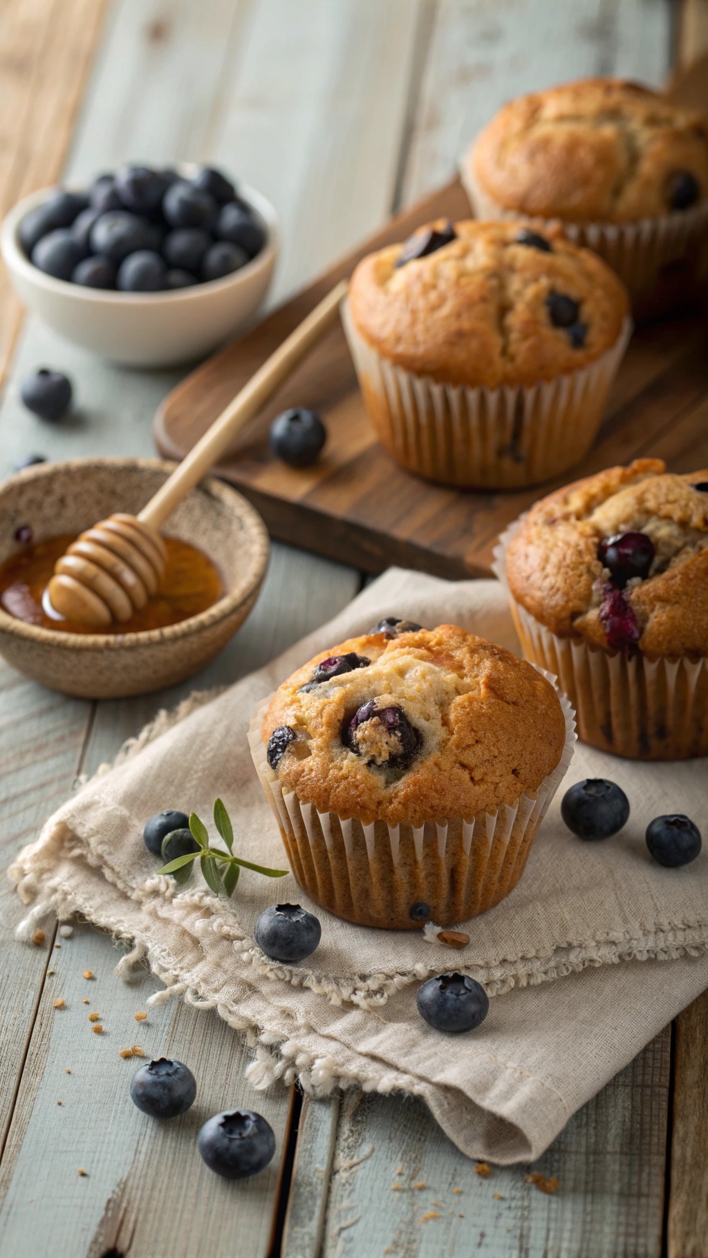Delicious low-sugar blueberry muffins on a wooden table with fresh blueberries and honey.