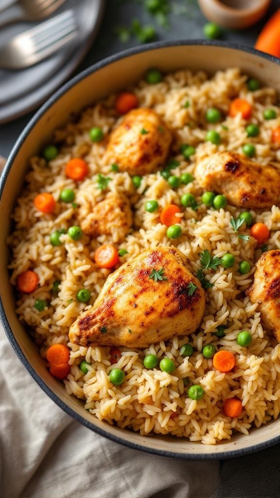 A pot filled with chicken, rice, peas, and carrots, showcasing a delicious one-pot meal.