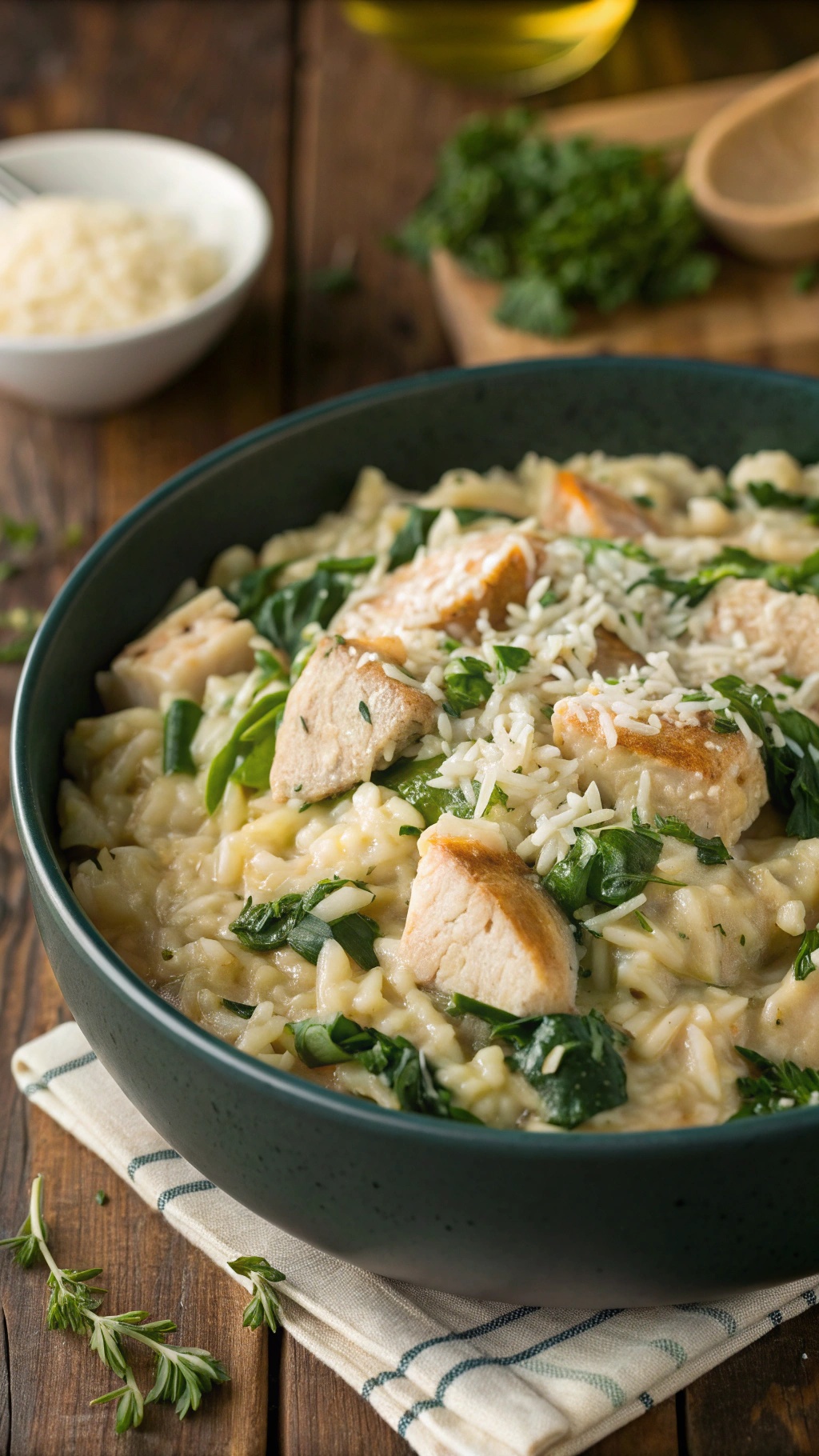 A bowl of chicken and spinach risotto topped with chicken pieces and cheese