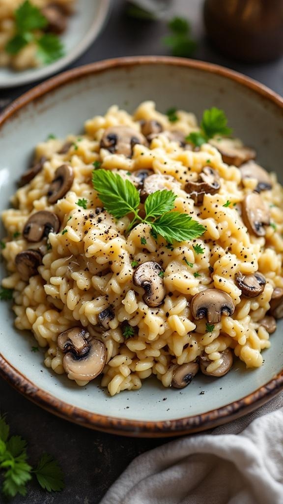 A bowl of creamy mushroom risotto garnished with parsley.