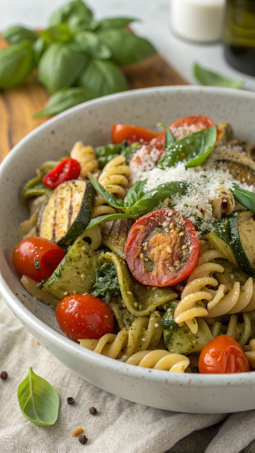 A bowl of pesto pasta with grilled zucchini, cherry tomatoes, and fresh basil.