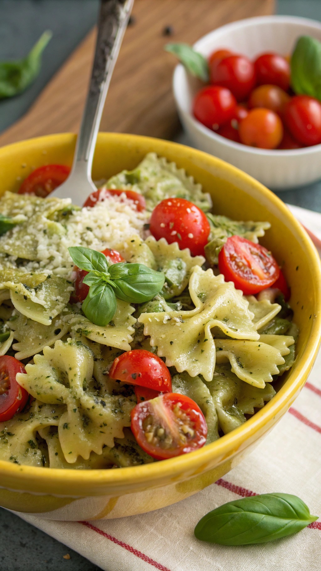 A bowl of pesto pasta salad with cherry tomatoes and a sprig of basil on top.