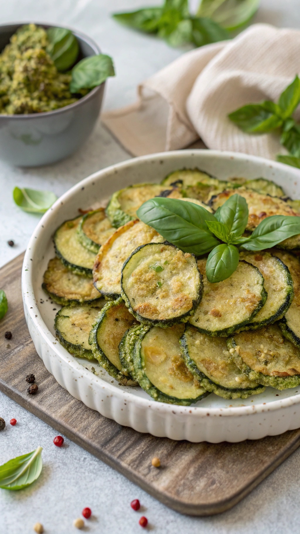 A plate of crispy zucchini chips topped with fresh basil and pesto.