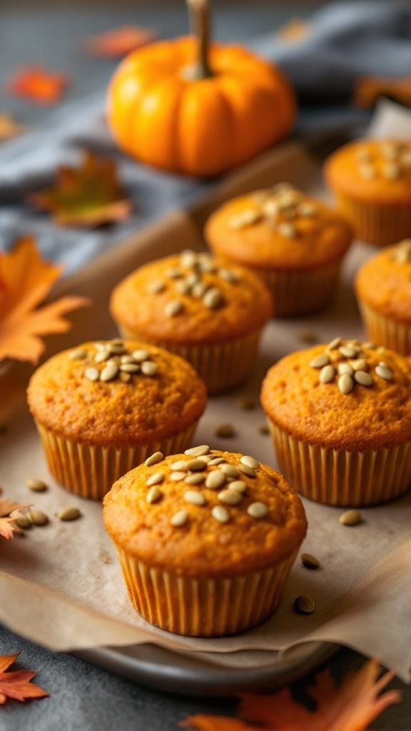 Delicious pumpkin muffins topped with pumpkin seeds, surrounded by autumn leaves and a small pumpkin.