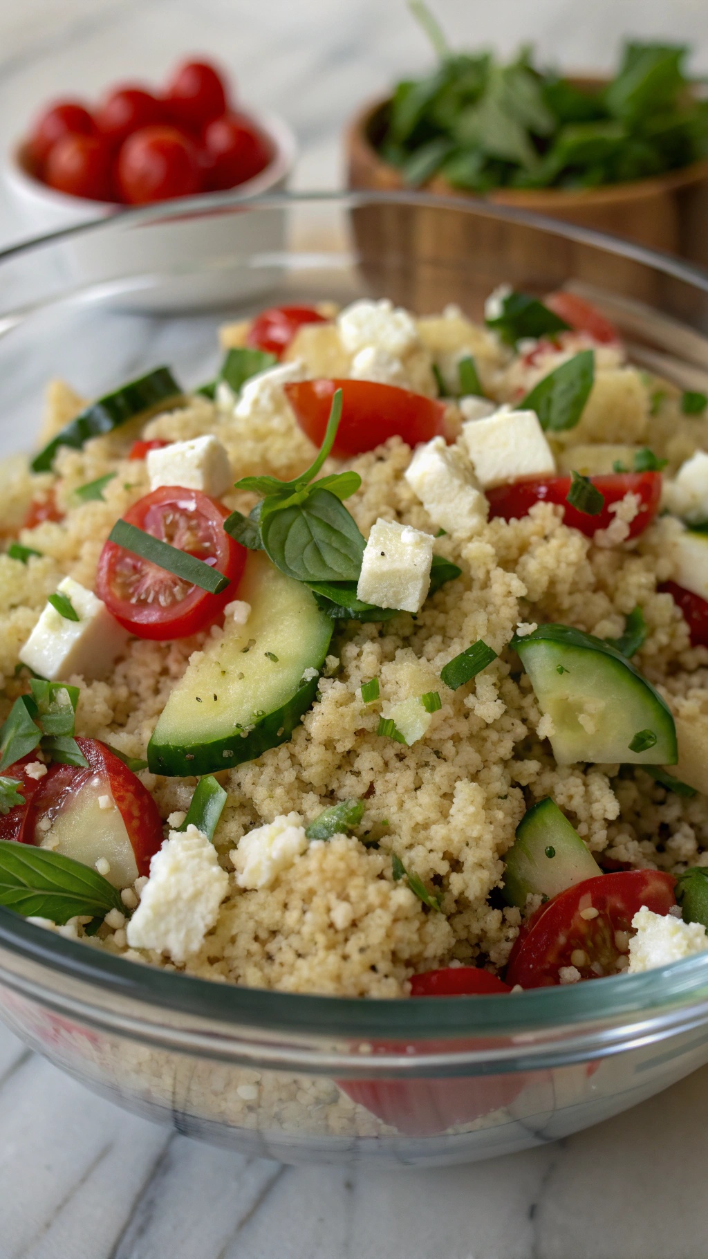A colorful quinoa salad with feta cheese, cherry tomatoes, cucumber, and fresh herbs in a glass bowl.