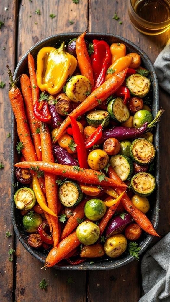 A tray of colorful roasted vegetables including carrots, bell peppers, Brussels sprouts, and baby potatoes.