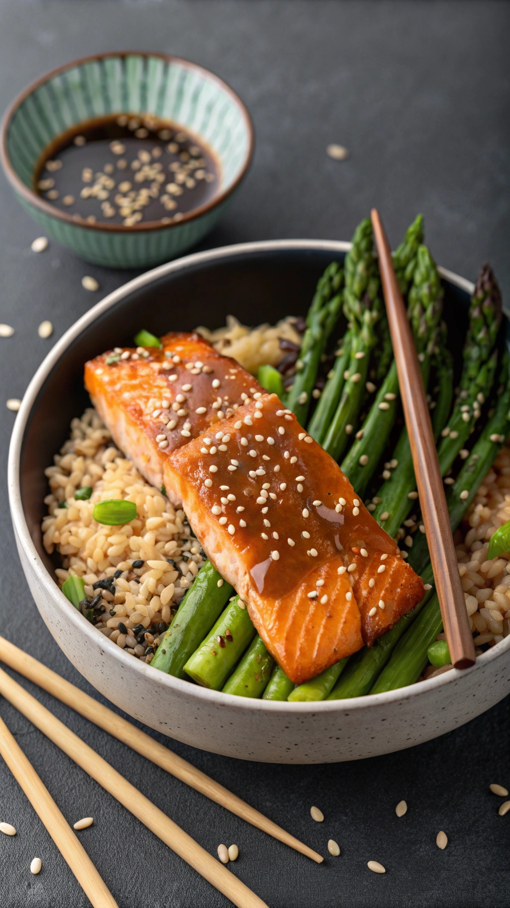A salmon and asparagus bowl with brown rice, garnished with sesame seeds and a side of soy sauce.