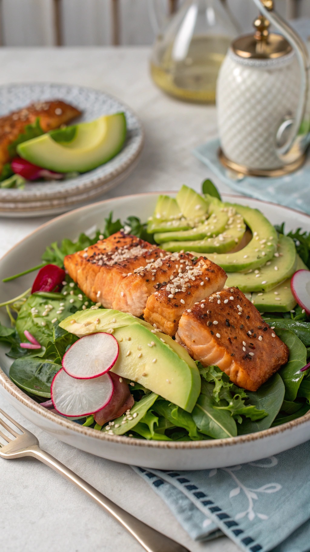 A vibrant salmon and avocado salad with mixed greens, radishes, and sesame seeds.