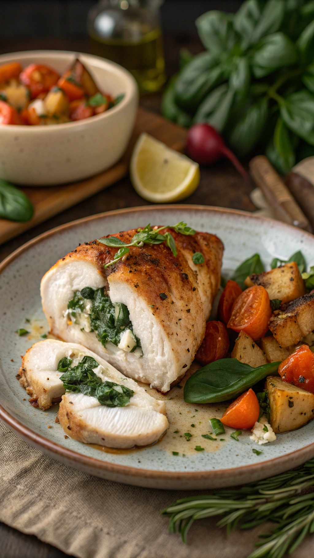 A plate of spinach and feta stuffed chicken with roasted vegetables.