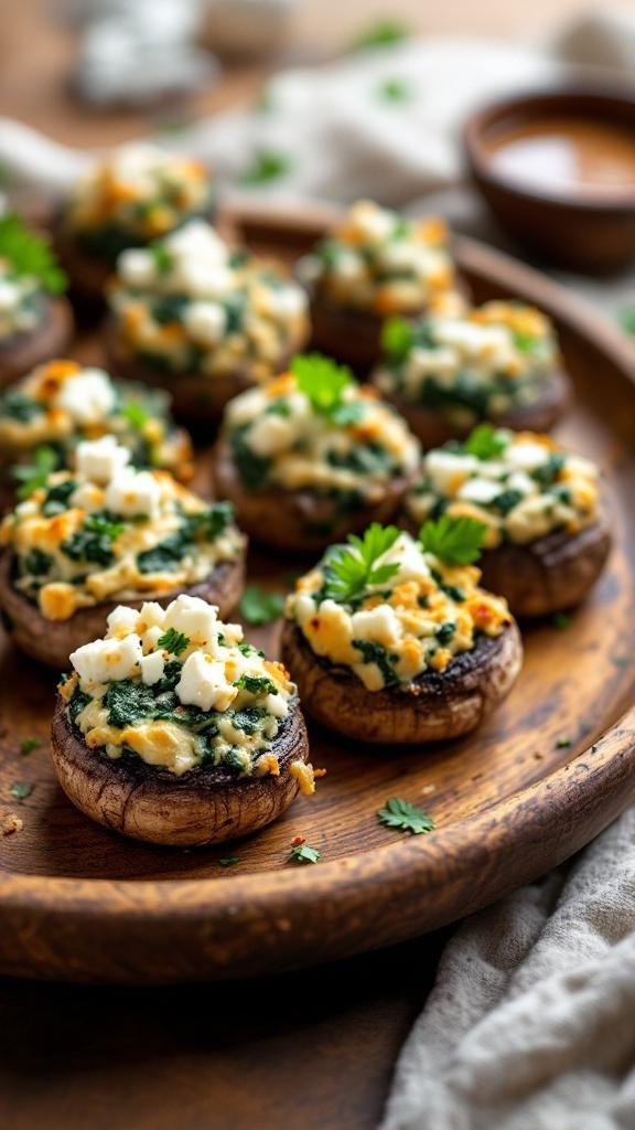 A platter of spinach and feta stuffed mushrooms garnished with parsley.