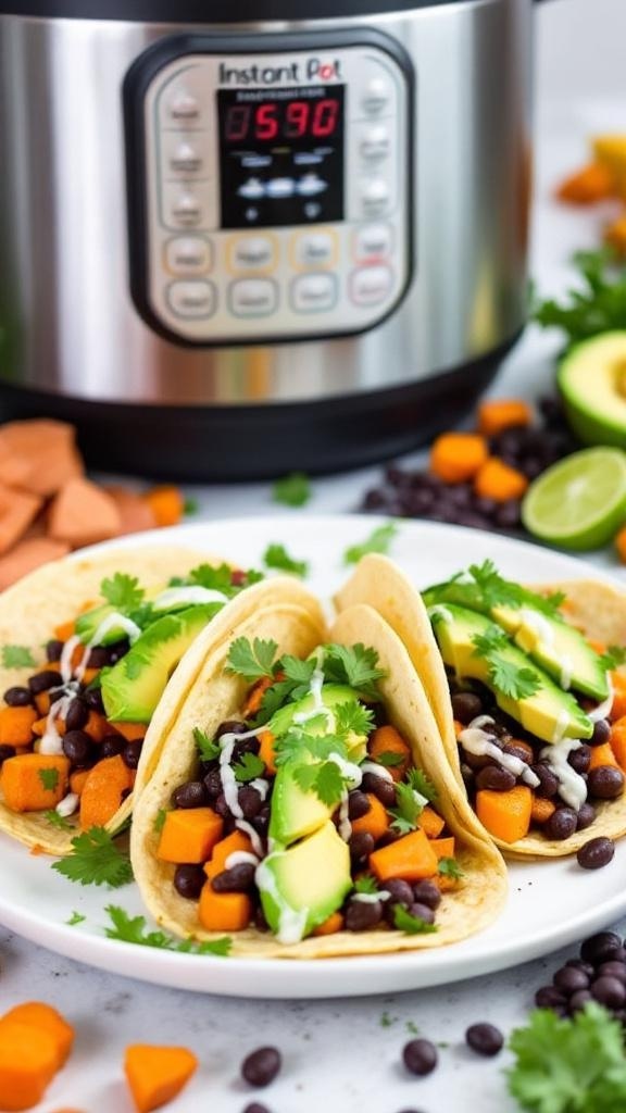 Sweet potato and black bean tacos served with avocado and cilantro, with an Instant Pot in the background.