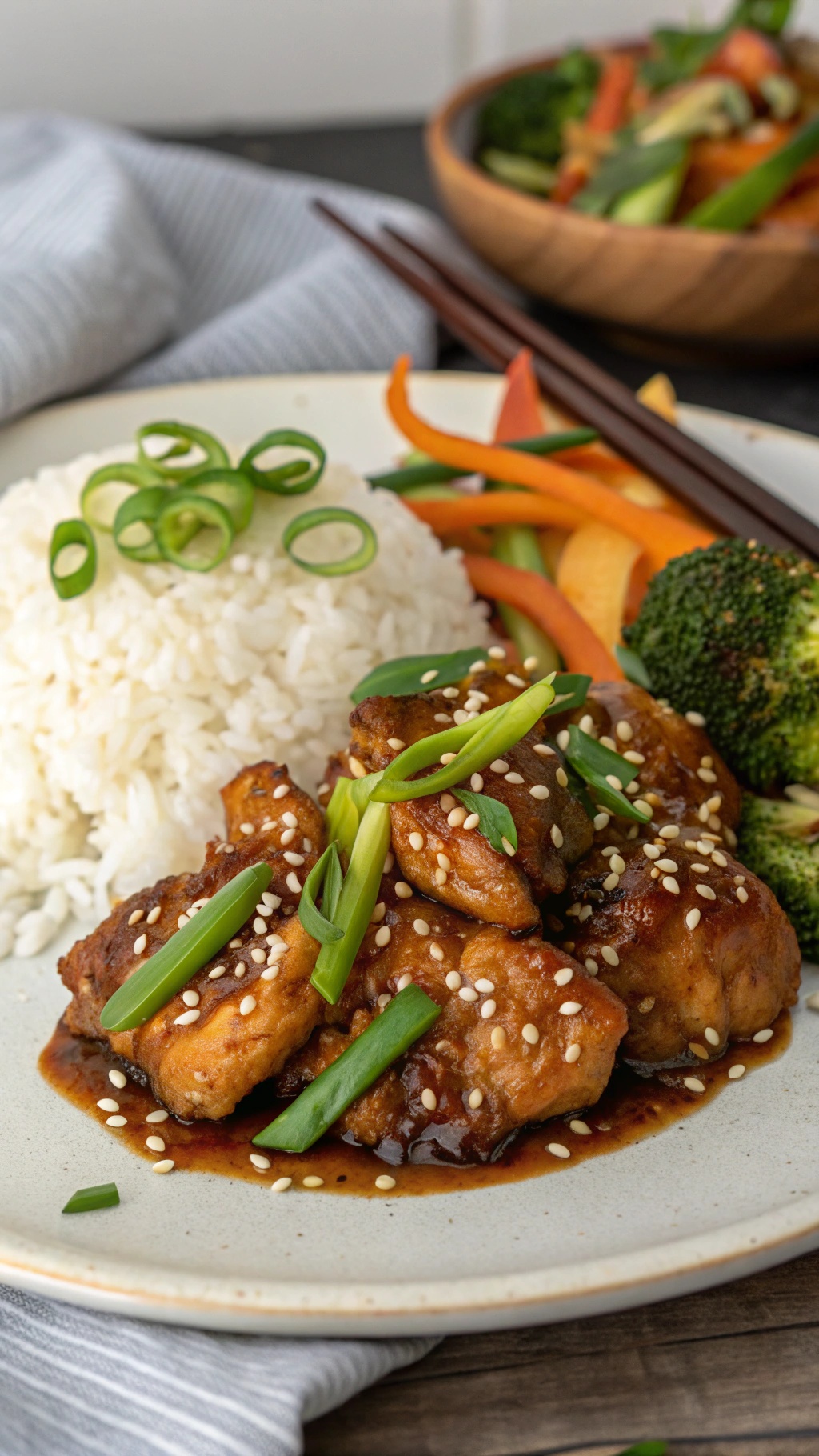 A plate of teriyaki air fryer chicken served with rice and vegetables