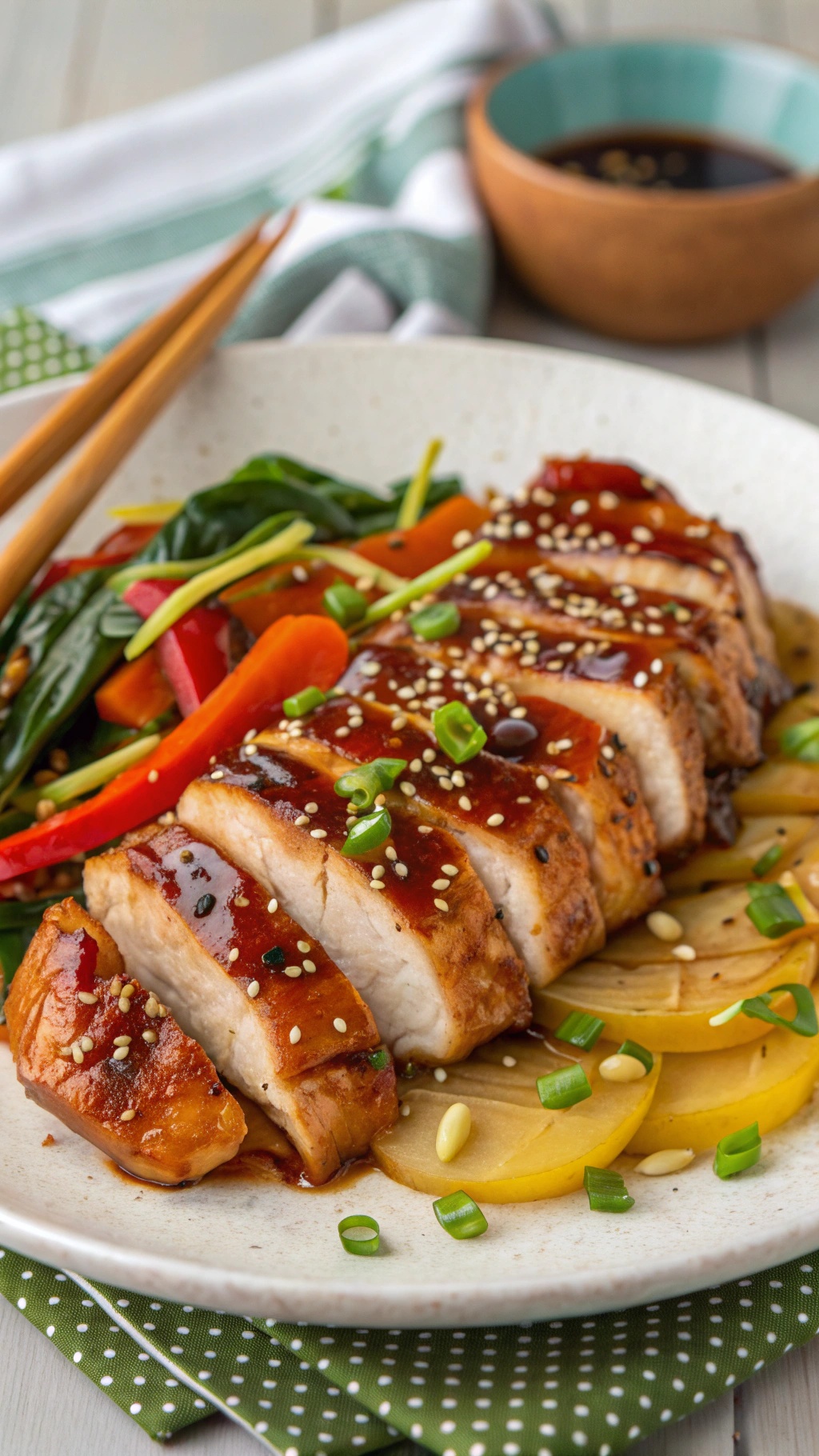A plate of teriyaki chicken breasts garnished with sesame seeds and green onions, served with colorful vegetables.