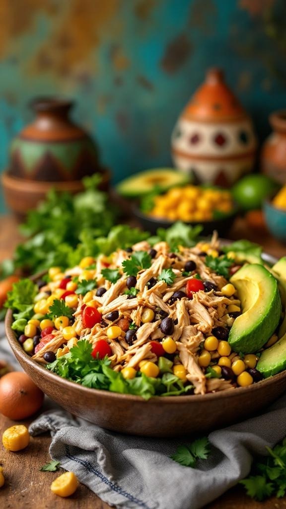 A vibrant Tex-Mex rotisserie chicken salad with corn, black beans, cherry tomatoes, and avocado, garnished with cilantro.
