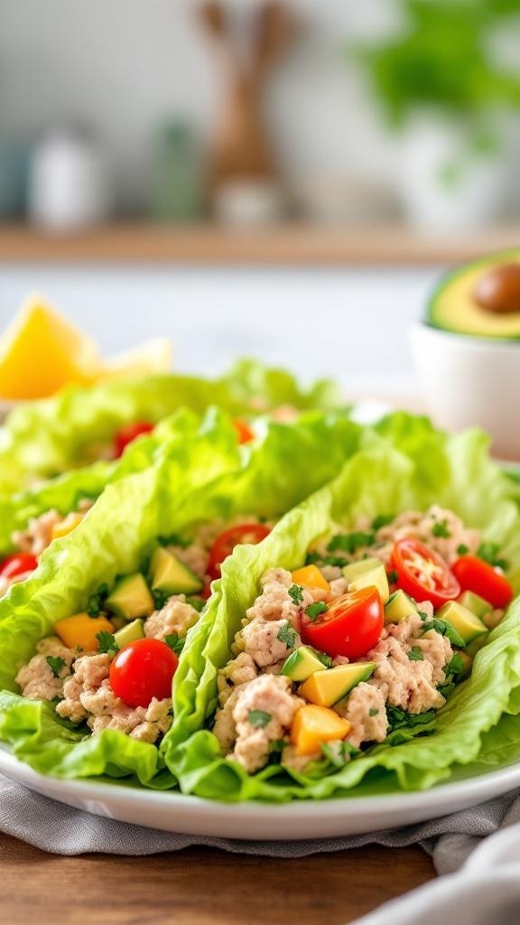 Tuna salad lettuce wraps filled with tuna, tomatoes, and mango, served on a plate.