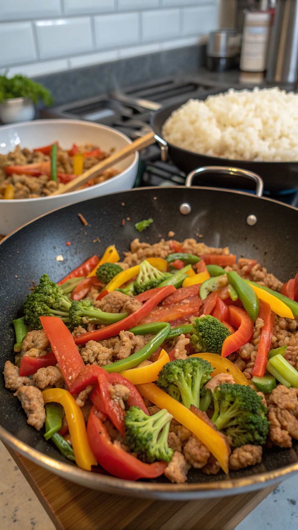 A colorful turkey and vegetable stir-fry in a skillet, with rice in the background.
