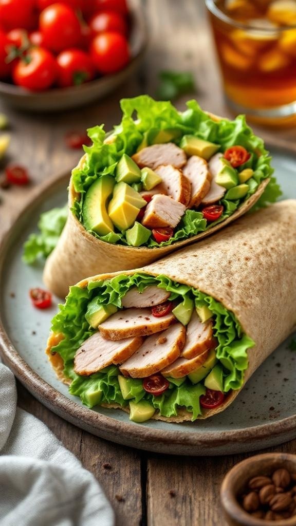 Turkey avocado wraps with lettuce and tomatoes on a plate
