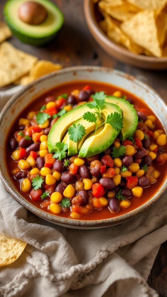 A bowl of hearty vegetarian chili topped with avocado and cilantro, served with tortilla chips.