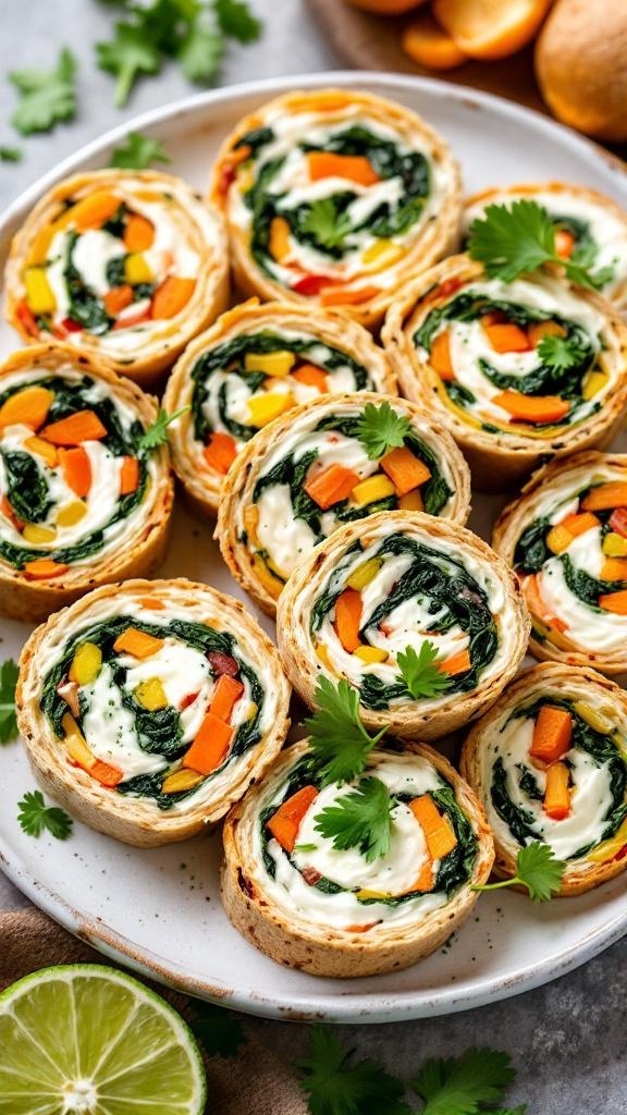 Colorful veggie pinwheels made with tortillas, cream cheese, and fresh vegetables.