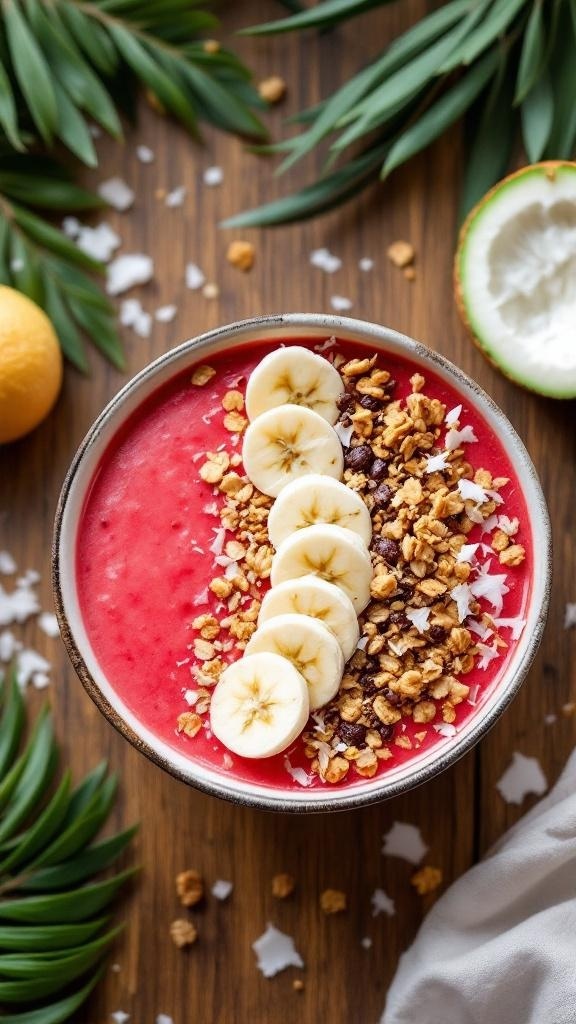 A vibrant watermelon and coconut smoothie bowl topped with banana slices and granola.