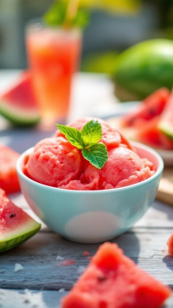 A bowl of watermelon sorbet with mint leaves on top, surrounded by watermelon slices and a refreshing drink.