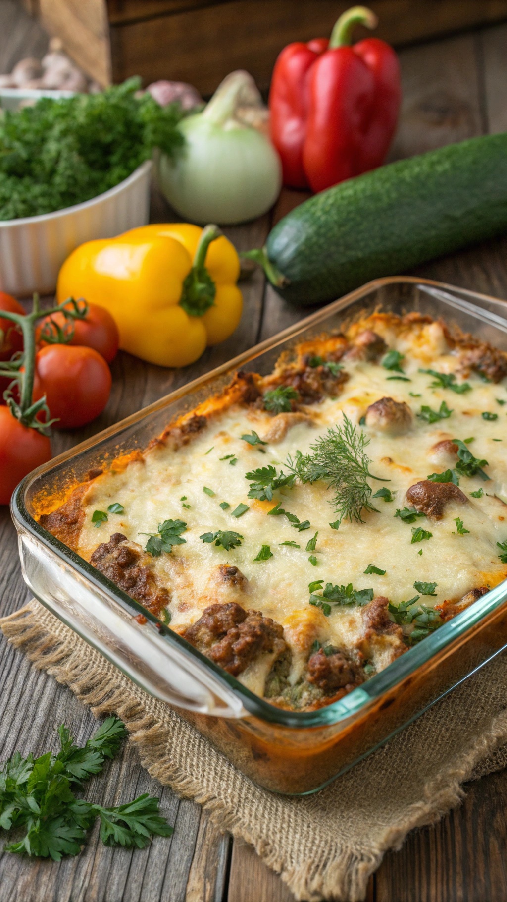 A delicious cheesy keto beef casserole with colorful vegetables and melted cheese on top.
