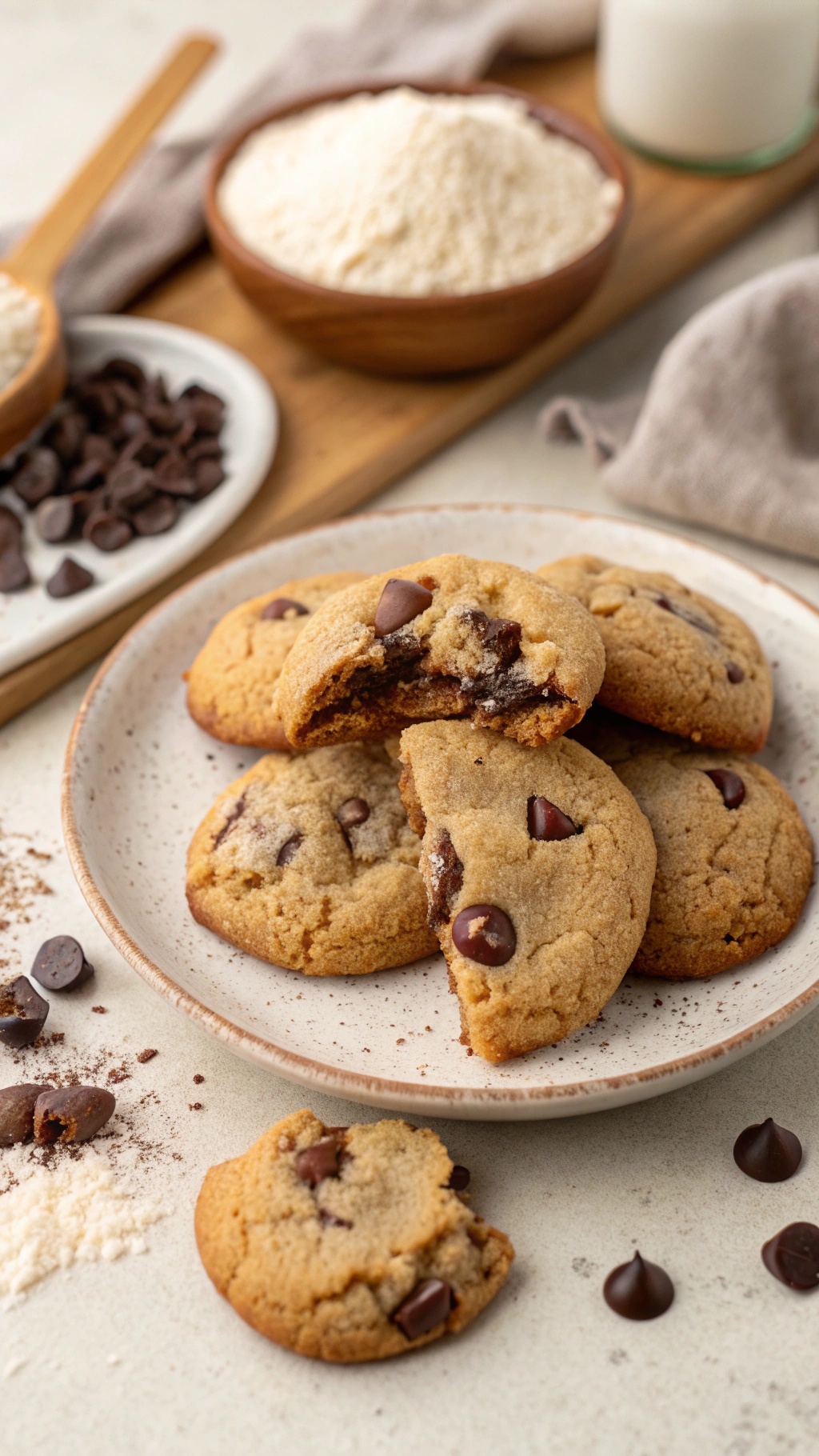 A plate of chewy almond flour chocolate chip cookies with chocolate chips and almond flour in the background.