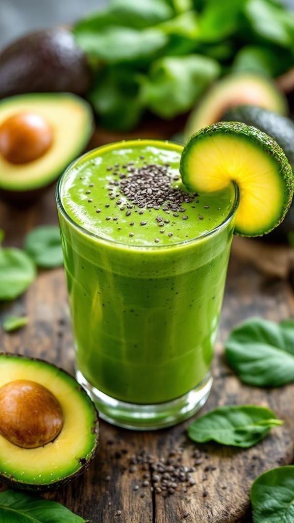 A creamy green smoothie made with avocado and spinach, garnished with chia seeds and a slice of avocado, surrounded by fresh ingredients.