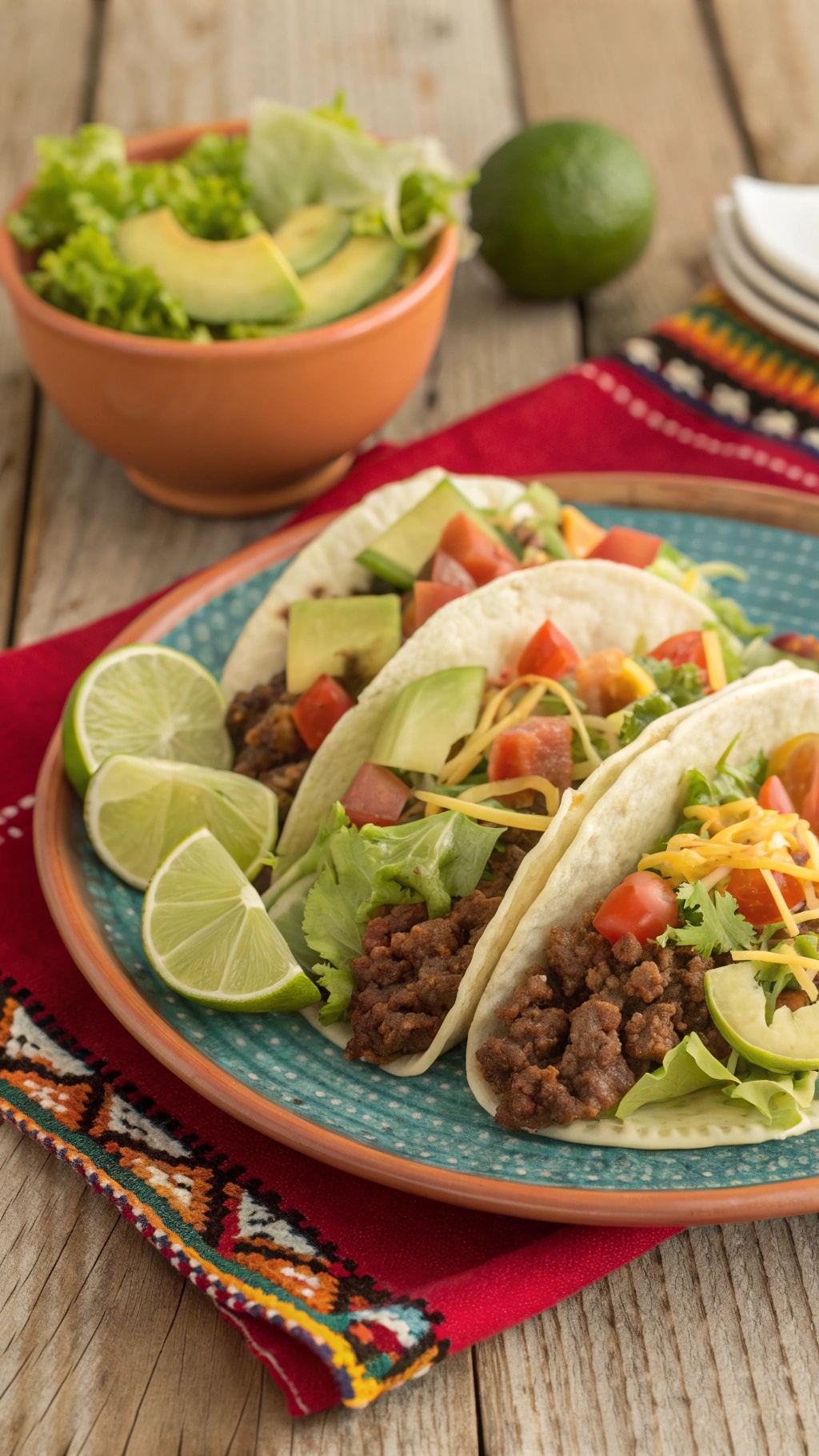 Three healthy beef tacos filled with lettuce, tomatoes, and avocado, served with lime wedges.