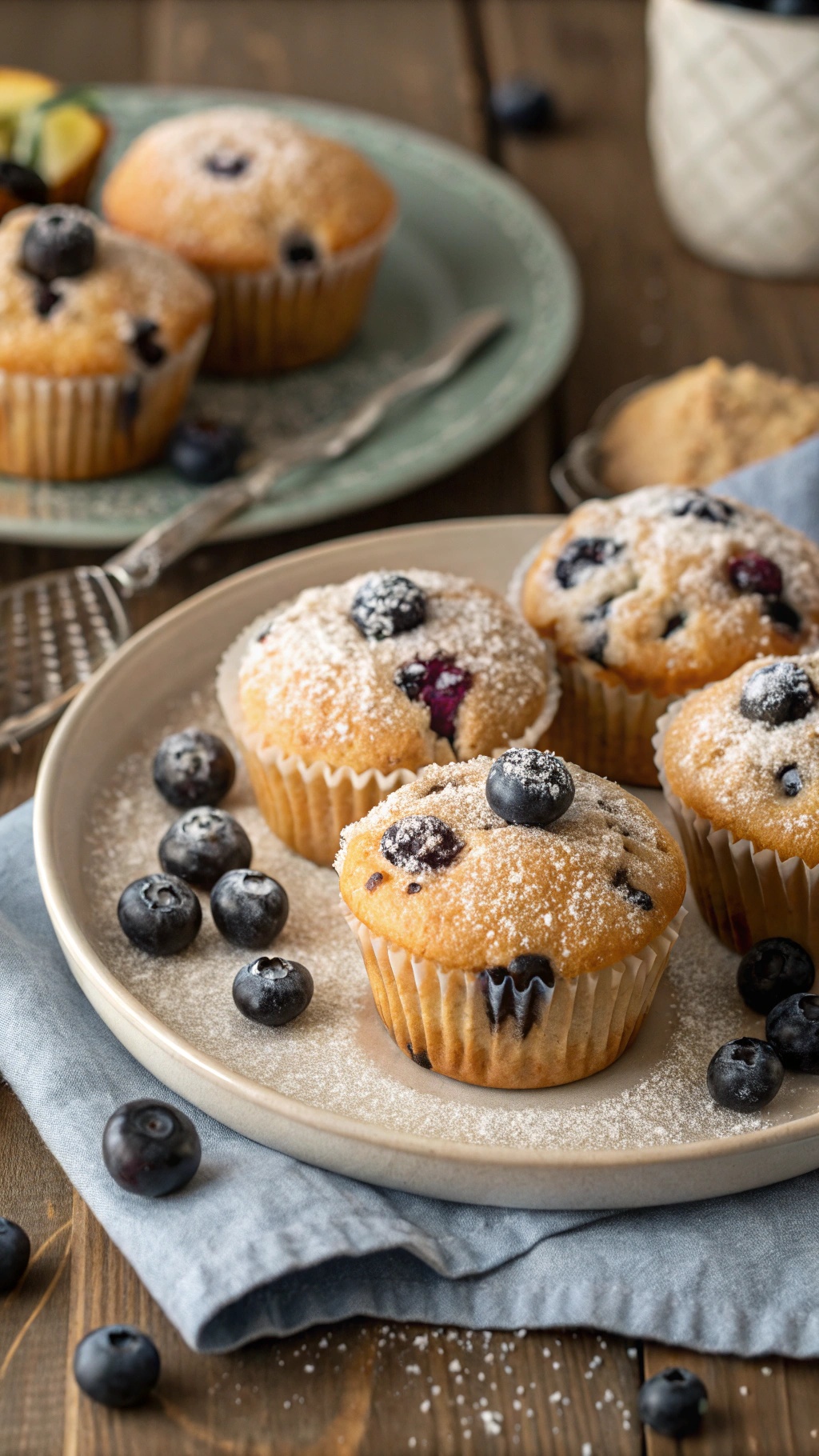 Delicious blueberry muffins on a plate with fresh blueberries scattered around.