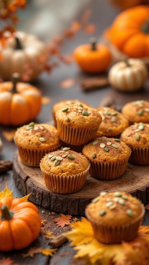A plate of pumpkin spice muffins topped with pumpkin seeds, surrounded by small pumpkins and autumn leaves.
