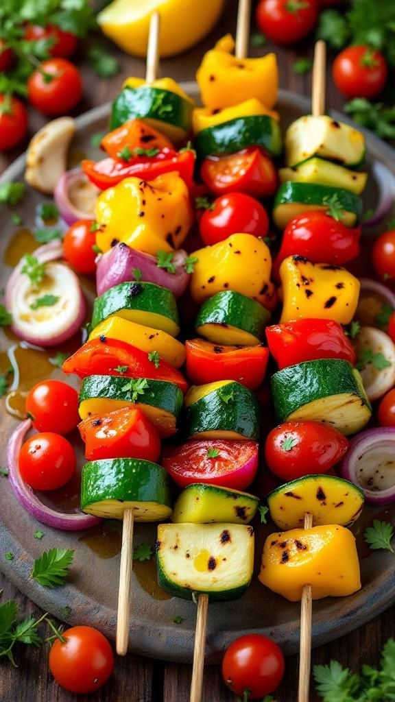 Colorful grilled vegetable skewers with zucchini, bell peppers, cherry tomatoes, and red onion on a platter.