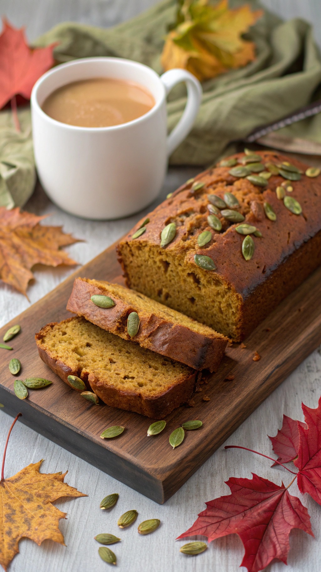 A loaf of pumpkin bread sliced on a wooden board, topped with pumpkin seeds, alongside a cup of coffee and autumn leaves.