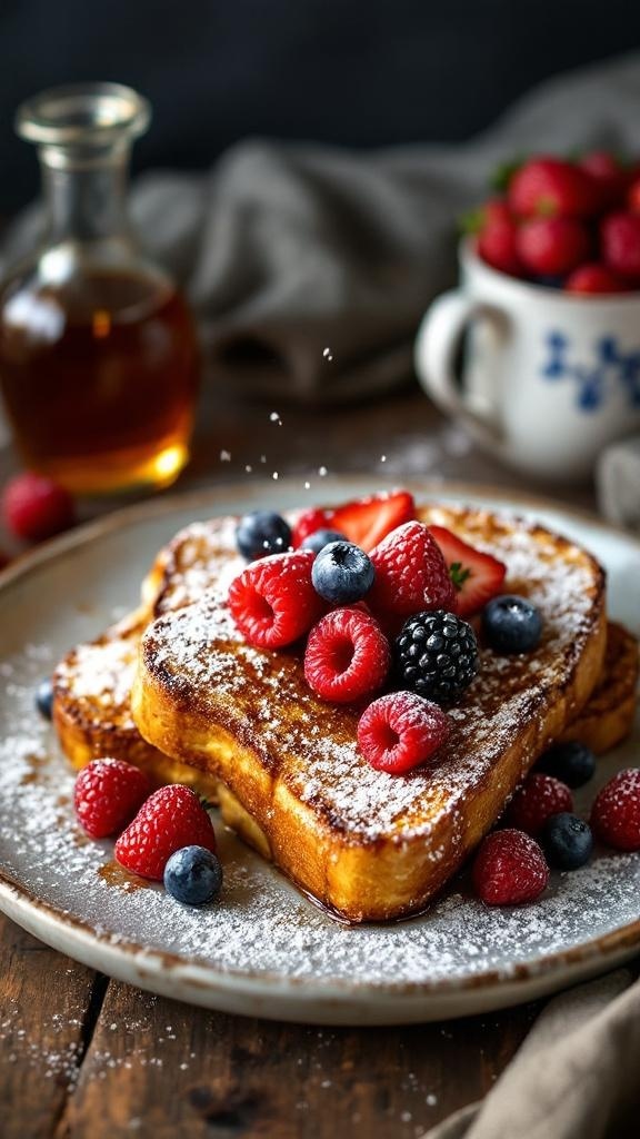 A plate of healthy French toast topped with fresh berries and powdered sugar.