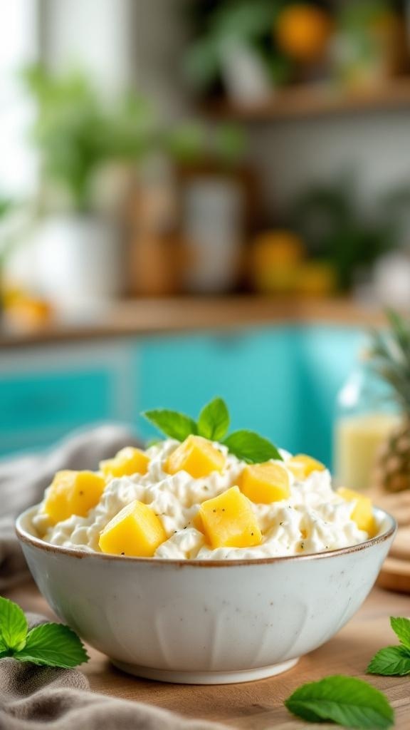 A bowl of cottage cheese topped with diced pineapple and mint leaves, set against a bright kitchen background.